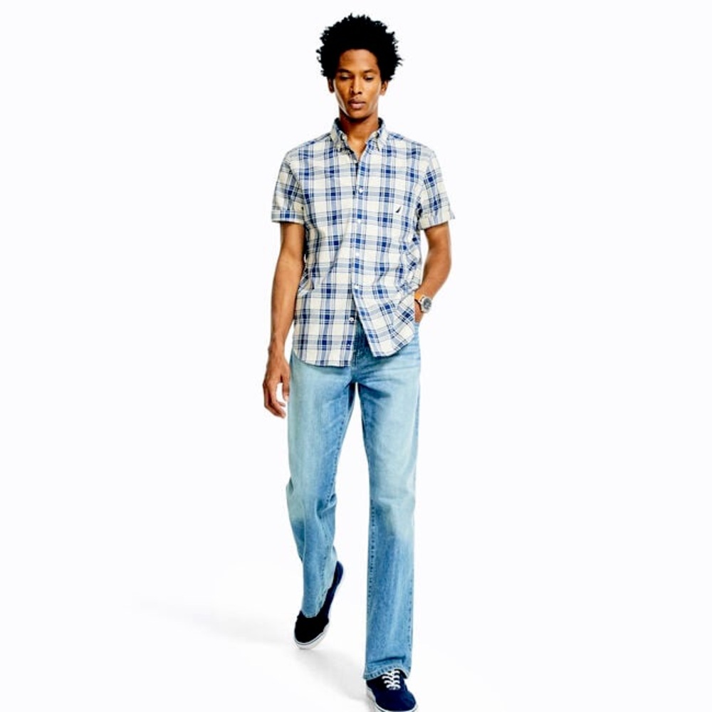 FREE🌟 Nautica Short Sleeve Poplin Cotton Button Down Shirt Blue/White Plaid Mens